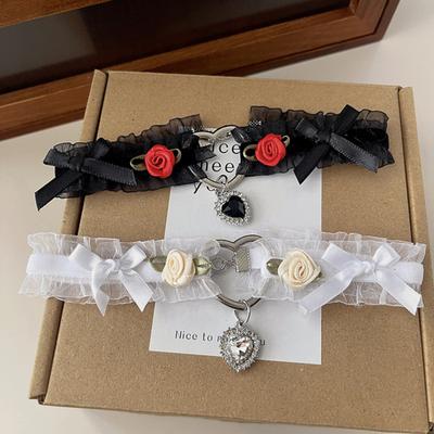 Женское колье Черно-белое прозрачное кружево с металлическим сердцем любви Маленькие цветы с бантом Сексуальная элегантная подвеска со стразами Клубный воротник Ожерелье Повседневная одежда