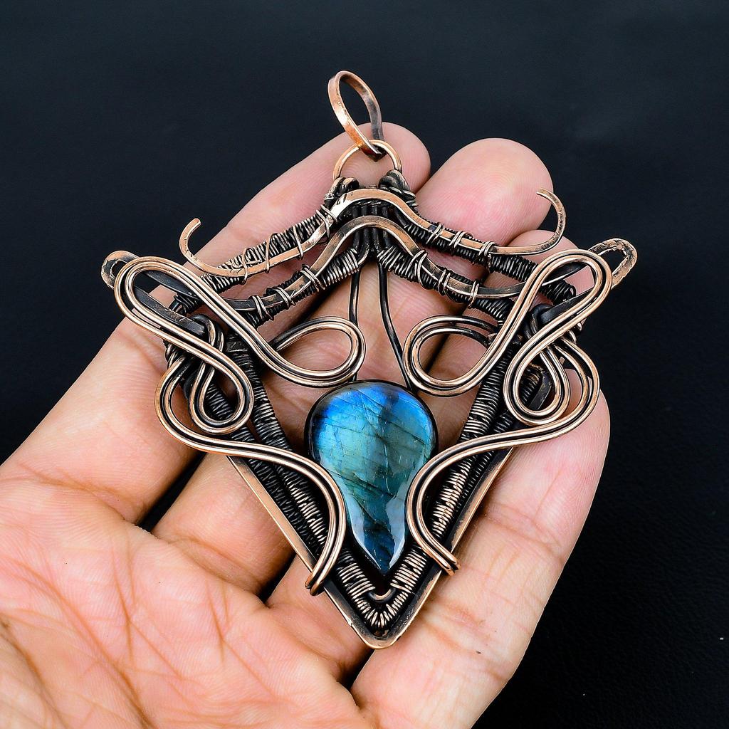 Подвеска из лабрадорита, Подвеска ручной работы, обернутая медной проволокой 999 пробы, Антикварное украшение, Для подарка, Серебряное украшение