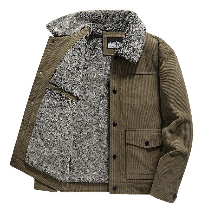 Зимнее хлопковое пальто с шерстяным воротником для мужчин, утепленное вельветовое пальто средней длины для мужчин среднего и молодого возраста, теплое пальто с лацканами