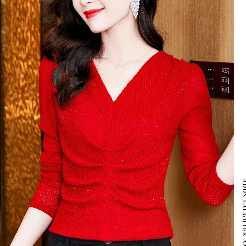 Women Clothes Ruched Rhinestone V Neck Long Sleeve All Match Casual T-shirt Autumn Elegant Fashion Ladies Solid Slim Basic Tops