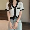 Women's Summer V-Neck Knit Cardigan - Trendy High-Waist Ice Silk Cropped T-Shirt