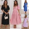 2025 Summer Deep V-neck Puff Short Sleeve Fashion Women Dress New Elegant Solid Color Loose Party Medium and Long Dress Women Slim Fit Women Clothing