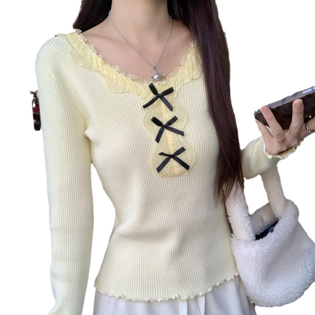 Korean Lace Trim Knit Top Spring New Slim Fit Base Layer Long Sleeve Soft Touch Shirt
