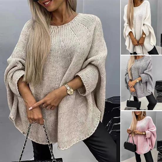 Women Sweater O-Neck 3/4 Sleeve Cloak Style Pullover Tops Solid Color Loose Fit Elastic Breathable Knitting Tops