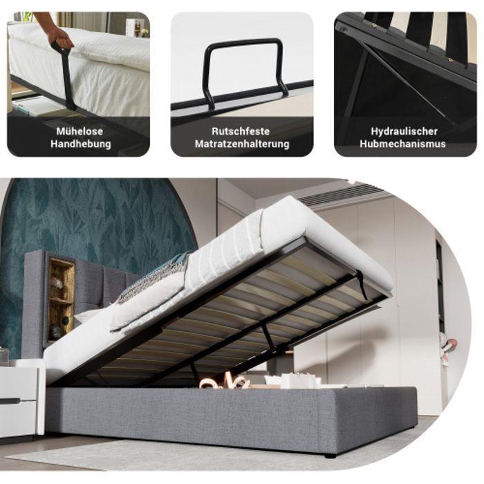 Lit double - MUVOE - 140x200cm - Rembourré - Chargeur sans fil - Coton gris