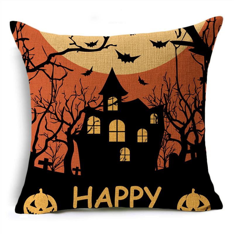 Orange Scary Halloween Night Witch Haunted House Linen Throw Pillowcase Decorative Cushion Cover For Sofa Livingroom Party