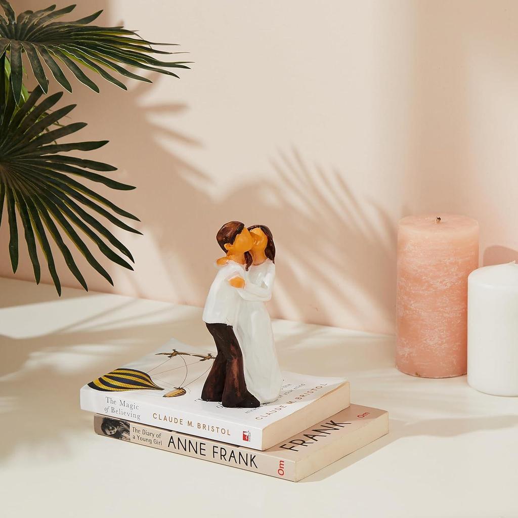Hand-Painted Medium Size Romantic Couple Statue | Beautiful Resin Home Decor (Pack of 1, White and Brown Color)