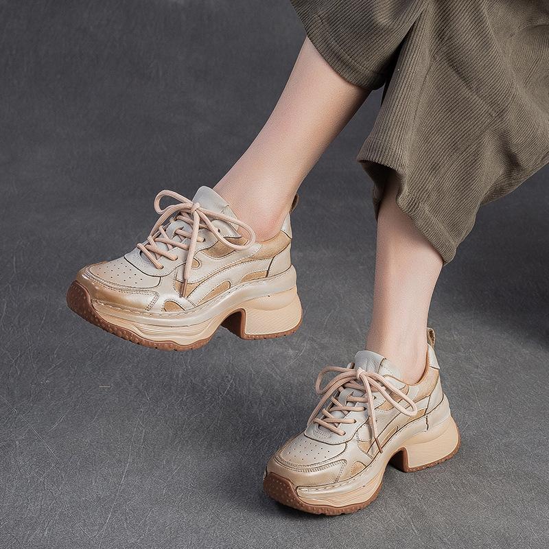 GKTINOO 2025 Autumn New Genuine Leather Sneakers Retro Handmade Casual Shoes Round Toe Lacd-up Women's Platform Wedge Shoes