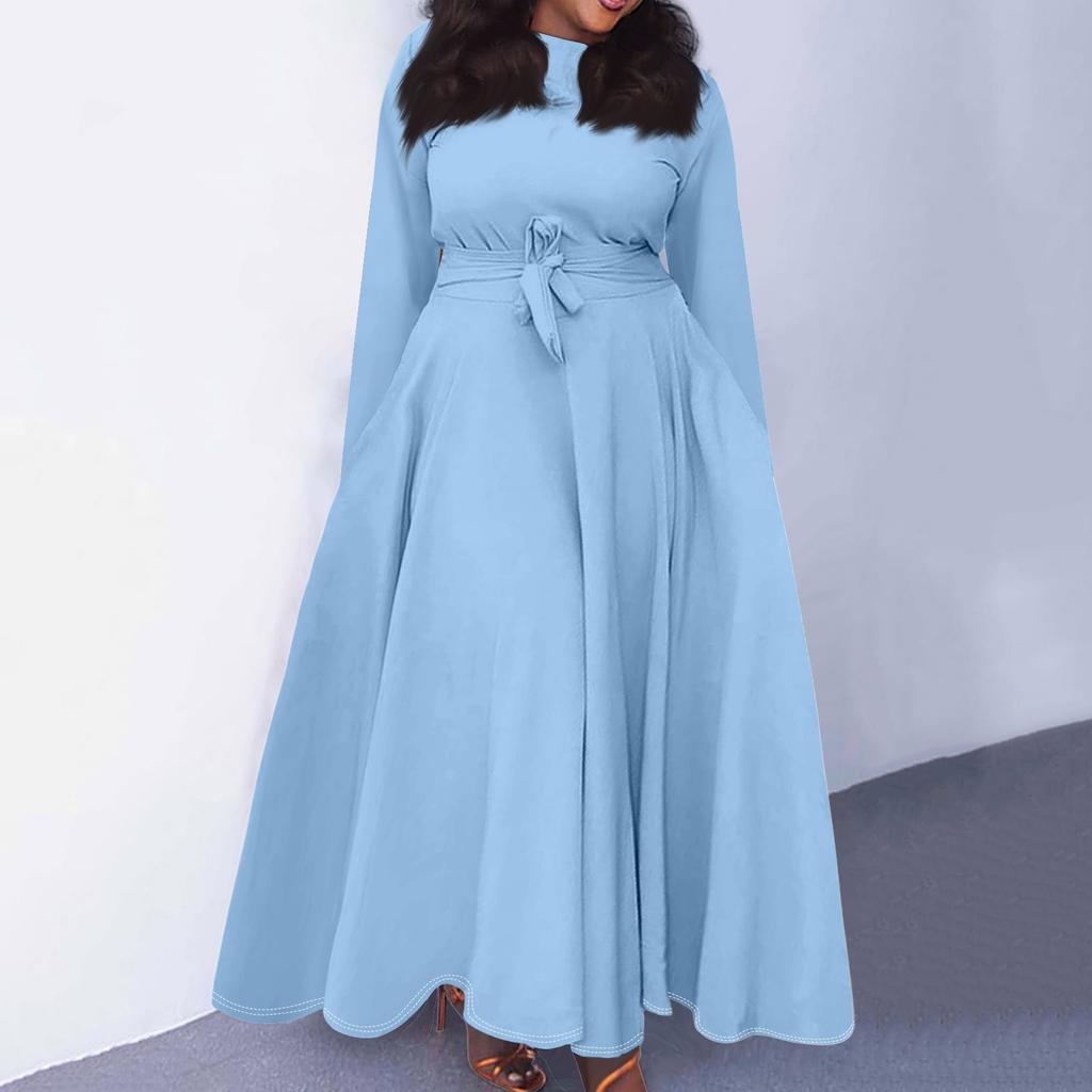 Женское повседневное модное платье большого размера с круглым вырезом и длинным рукавом с карманами на бретелях