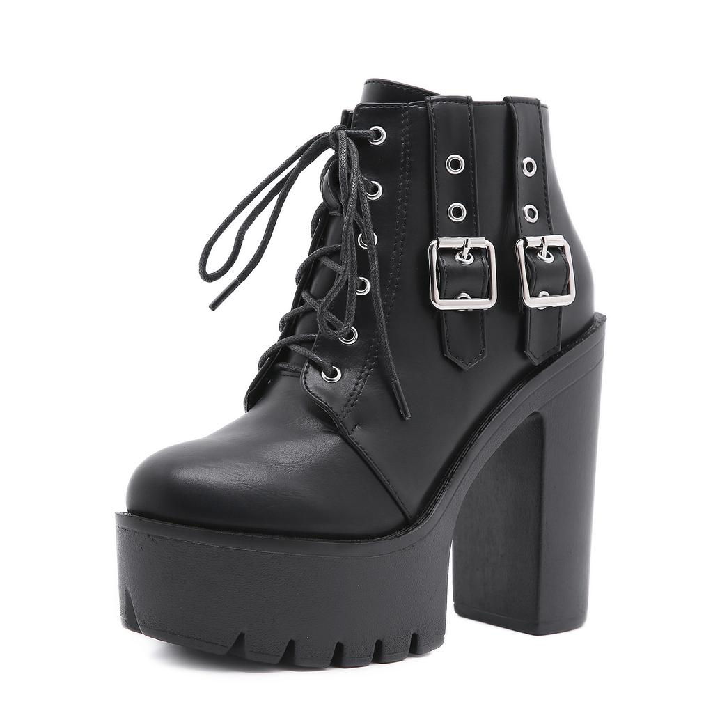 Autumn and Winter Large Size Strap Platform Women's Shoes Thick High Heels Short Boots
