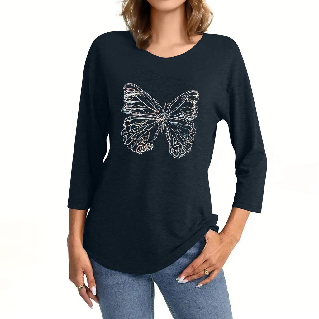 Women's Fashion Casual Seven-Point Sleeve Print Round Neck Top