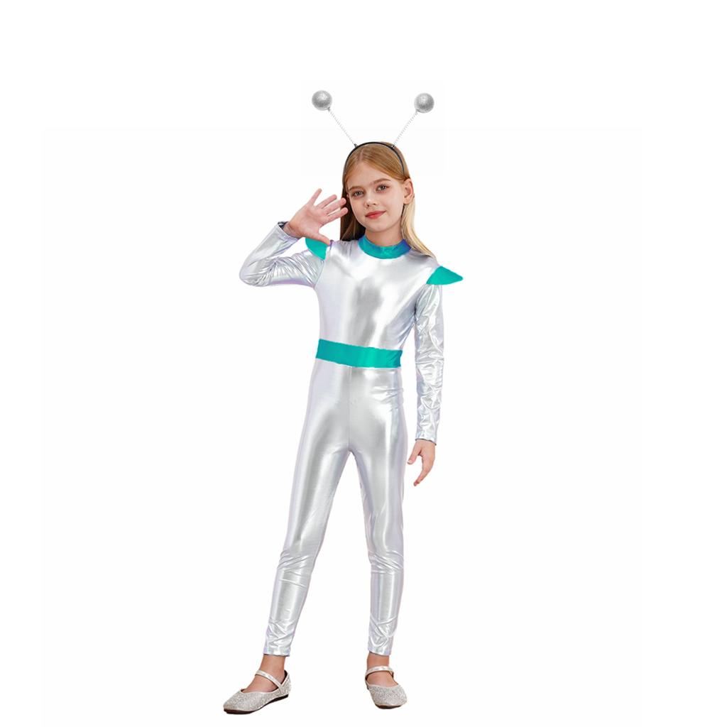 Kids Alien Cosplay Costume Long Sleeve Full Length Bodysuit Alien Hair Hoop Halloween Dress Up Party Costume Set