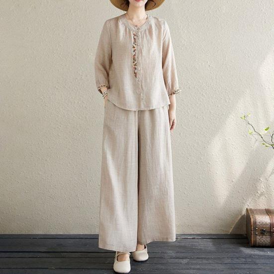 2 шт./комплект женский повседневный наряд круглый вырез рукава 3/4 вышитый цветочный узор рубашка широкие длинные брюки комплект повседневная одежда