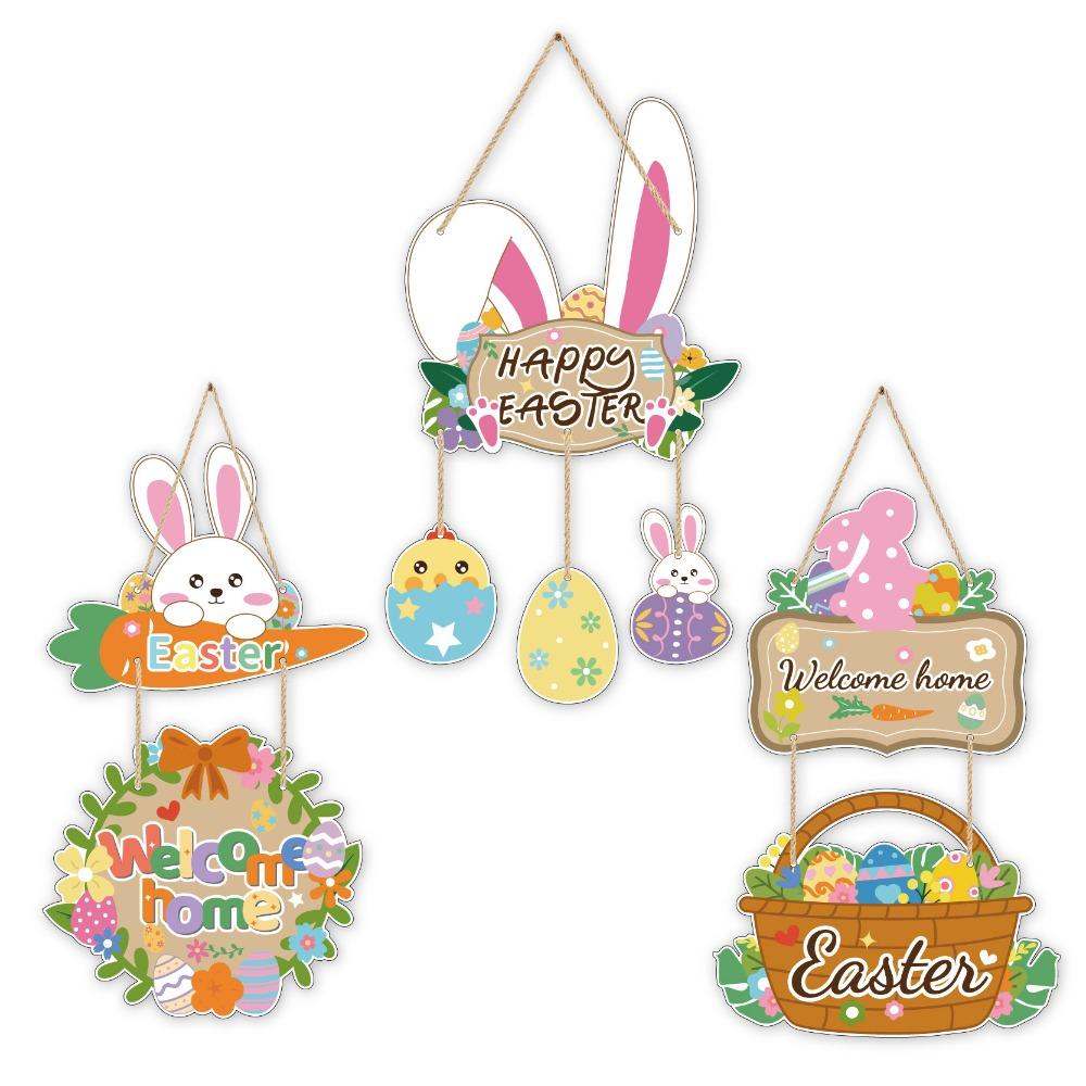 Cartoon Easter Welcome Sign Paper Bunny Egg Decor Easter Hanging Ornament Party Decoration