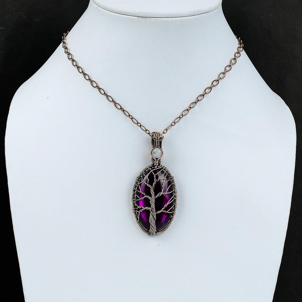 Кулон из фиолетового огненного лабрадорита «Дерево жизни», обернутый медной проволокой, драгоценный камень, медные украшения для подарка, кулон из радужного лунного камня ручной работы