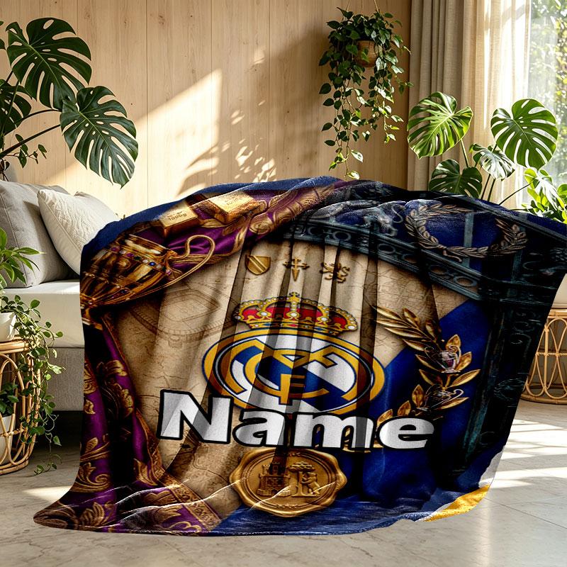 Custom Name Personalized Real Madrid Football Print Blanket, Home Decor, Bedroom, Sofa, Camping, Couch, Gifts for Birthday Christmas