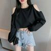 Vintage Off Shoulder  Tshirts For Woman Long-Sleeved T-Shirt Women's 2020 Korean Round Neck Loose Solid Color All-Match