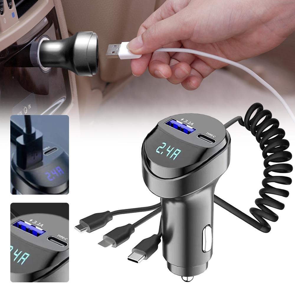 2 Ports USB Fast Car Charger Universal Car Phone Charger Retractable Cable With Voltage Display Auto Electronic Accessories