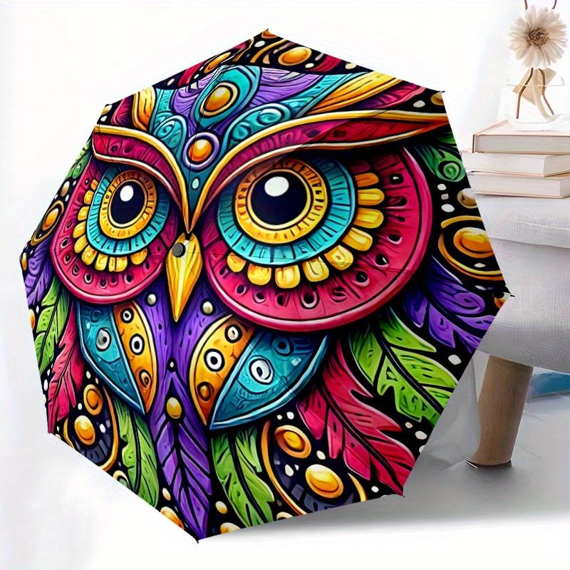 1pc Colorful Owl Mandala Folding Umbrella With Excellent UV Protection, 8 Ribs Casual Durable Lightweight Portable Travelling Umbrella For M