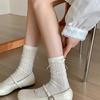 White Bowknot Side Ribbon Lolita Thin Mid-tube Socks for Women Ballet Style Lace Hollow Mesh Breathable Socks with Leather Shoes