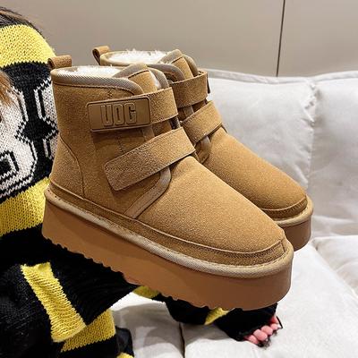 Модные зимние ботинки для отдыха на открытом воздухе 2024 года, женские теплые плюшевые ботинки, классические ботильоны на ультраплатформенной подошве из коровьей замши с мехом и липучкой