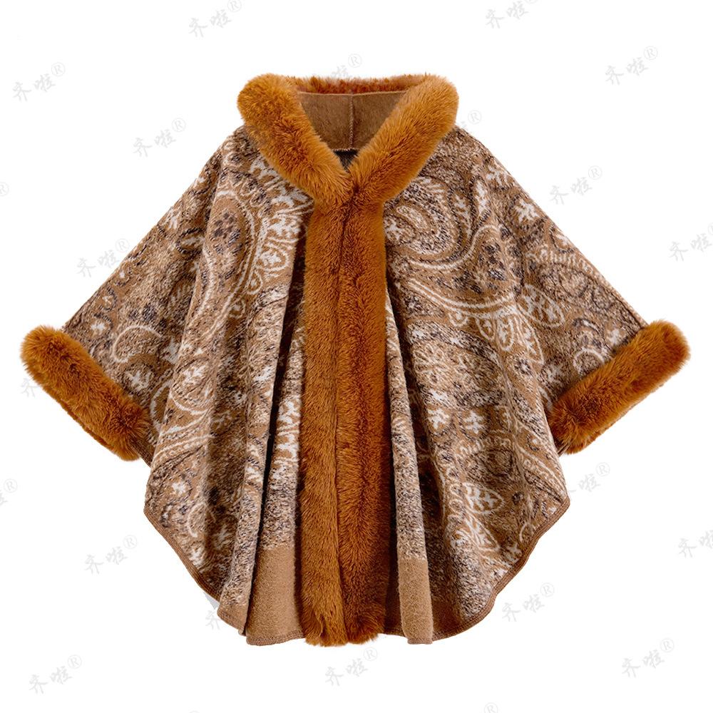 Теплая шаль из искусственного меха с принтом в стиле бохо для женщин. Мягкая, удобная и стильная накидка-пончо с большой накидкой с капюшоном. Роскошная меховая накидка для вечерней вечеринки.