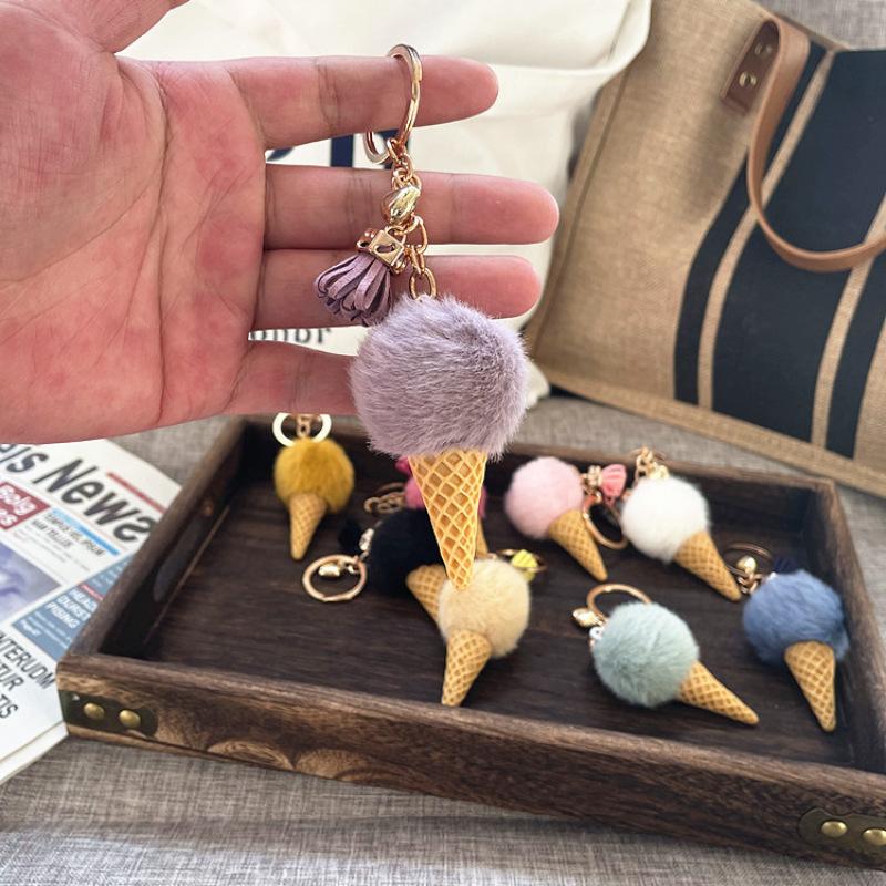 Cute Ice Cream Cone Plush Keychain Cartoon Pompom Bag Charm Car Key Ring Accessory