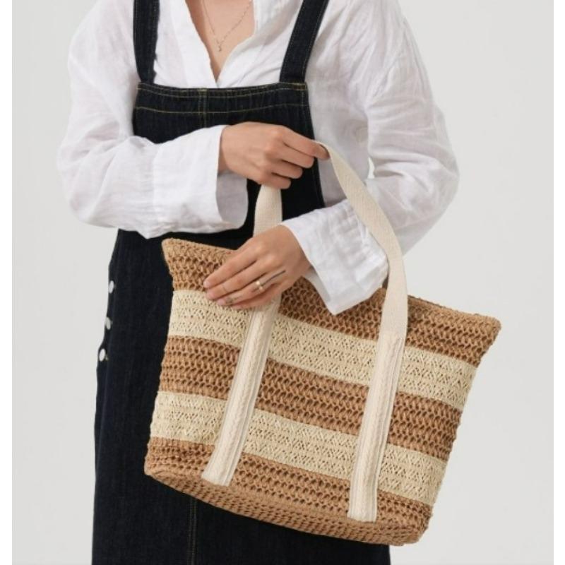 Striped Straw Bag, High-end Shoulder Woven Woven Bag, Large Capacity Tote Seaside Vacation Beach Bag