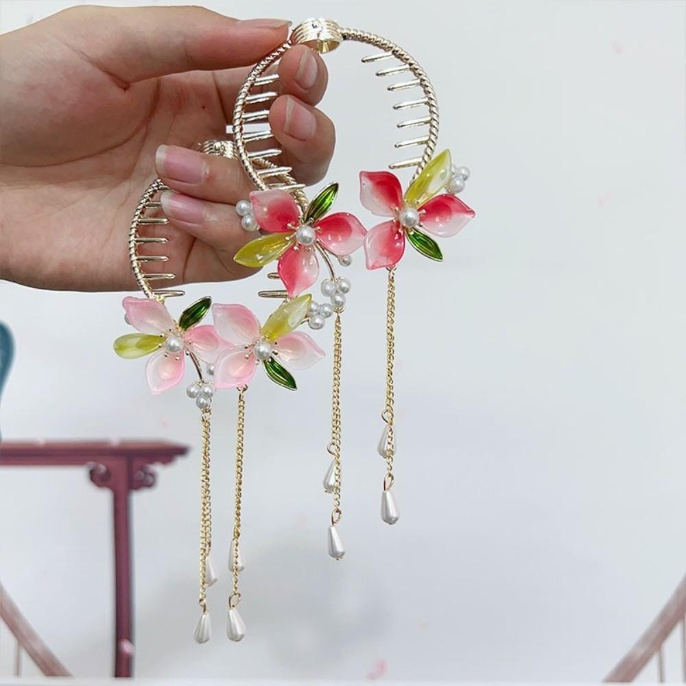 Pink Peach Blossom Bun Hairpin Imitation Pearl Round Bun Ponytail Holder Women Girls
