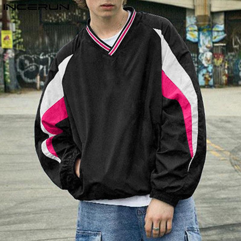 INCERUN Весенние мужские топы с V-образным вырезом и принтом, сшитые на заказ, с длинным рукавом, с завязками на подоле, футболки