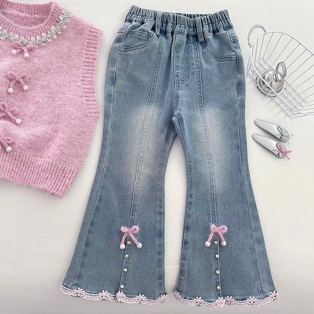 2025 Модный розовый жилет, рубашка и расклешенные джинсы. Вязаный комплект для весны и осени.