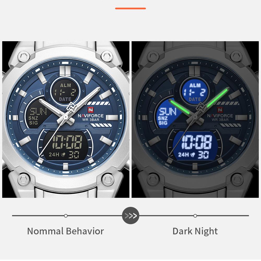 Naviforce Мужские часы с двойным временем Кварцевый механизм Цифровой ЖК-дисплей Хронограф Светящиеся стрелки Ремешок из нержавеющей стали Водонепроницаемые мужские часы NF9278
