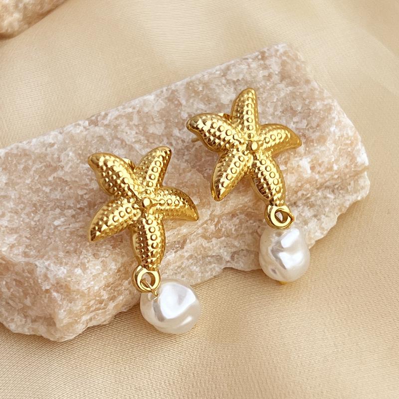 Серьги из нержавеющей стали с жемчугом, позолоченные 18 карат: Французский ретро-стиль на берегу моря