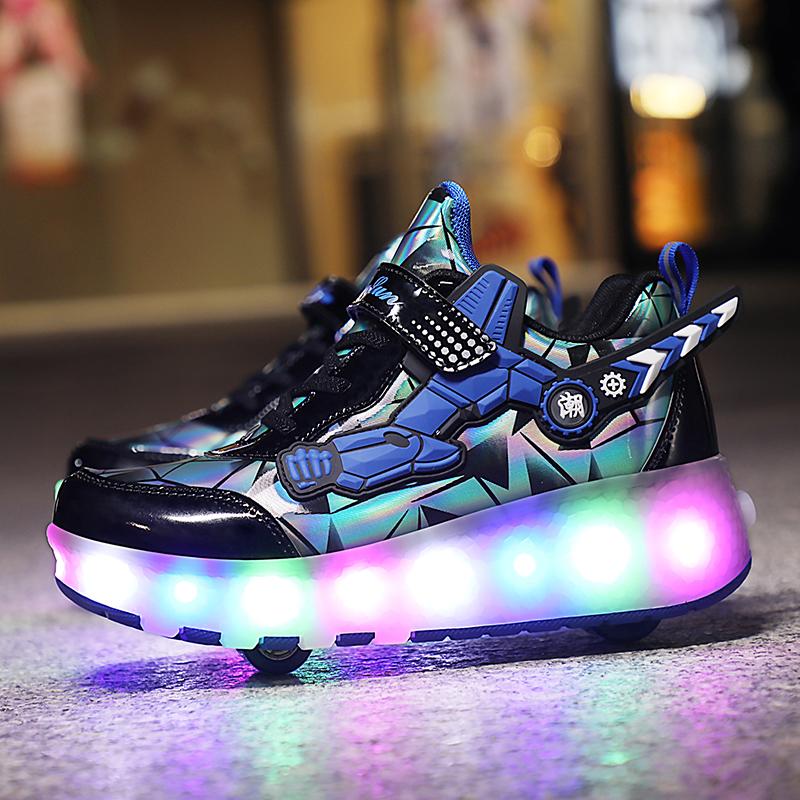 Двухколесные роликовые коньки, детская спортивная обувь с выдвижными автоматическими колесами, зарядка через USB, светодиодная спортивная обувь
