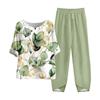 Women's Summer Half Sleeve Printed Tops Elastic Waist Nine Piece Pants Two Piece Set