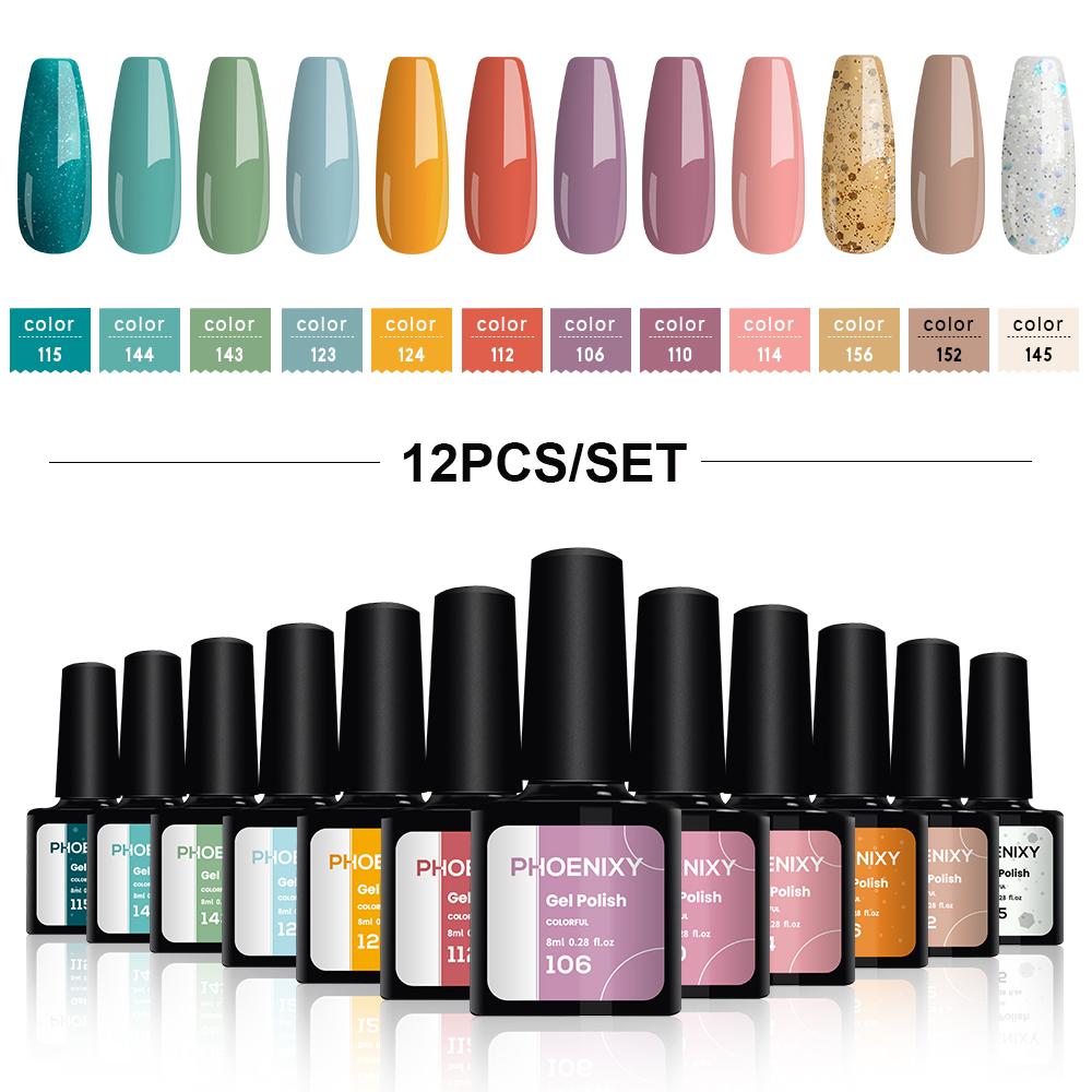 PHOENIXY, 8 мл, 12 цветов, гель-лак для ногтей, гель для ногтей, полуперманентный твердый гель для ногтей, замачиваемый УФ-гель, нужна база, верхнее покрытие, дизайн ногтей «сделай сам»