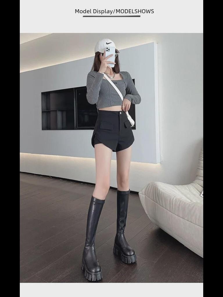 New High-Waist Wide-Leg A-Line Shorts for Petites - Casual, Black, All-Season.