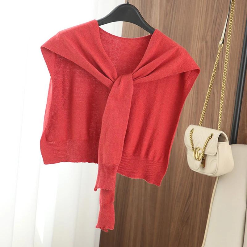 Korean Striped Knitted Warm Shawl Winter Female Blouse Shoulders Fake Collar Cape Knotted Scarf Stripe Outerwear