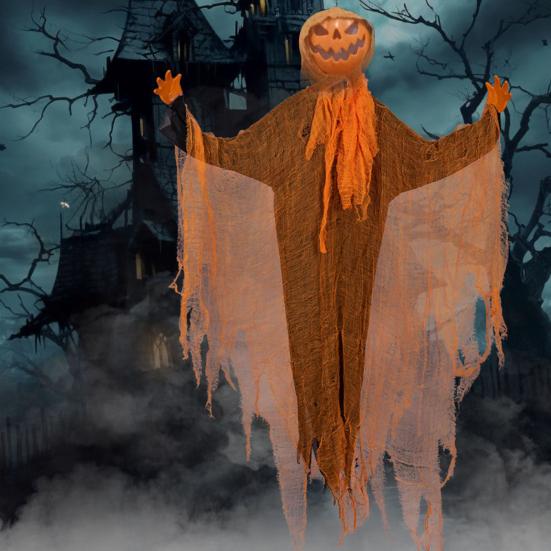 Halloween Hanging Pumpkin Ghost with Lighted Head Sound Rotating Motion Spooky Skeleton Props Outdoor Tree Porch Garden Party Decoration