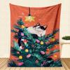 Christmas Cat in Tree with Lights Star Pattern Fleece Blanket Festive Winter Holiday Throw Blanket Soft Cozy for Couch Bed Gift