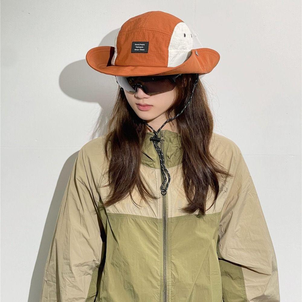 Splicing Color Drawstring Fisherman Hat Cotton Hiking Hat Breathable Wide Brim Sun Hat Travel