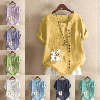 Женская мода Кошки едят пиццу с круглым вырезом и коротким рукавом Футболка Повседневная хлопково-льняная рубашка с рисунком Свободная летняя блузка для отдыха Топы больших размеров