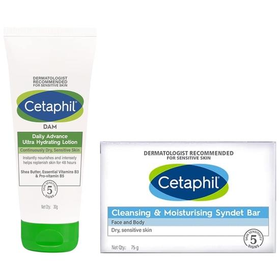 Cetaphil Dam Daily Advance Ultra Hydrating Lotion, 30g and Cetaphil Cleansing And Moisturising Syndet Bar, 75g