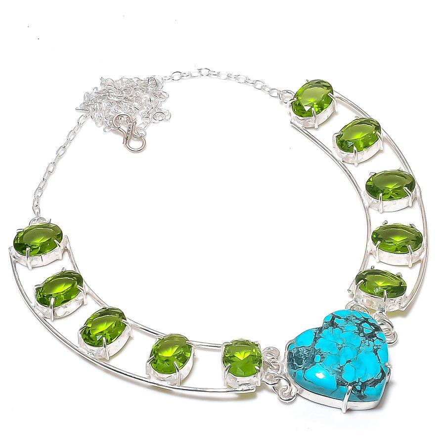 Natural Tibetan Turquoise, Peridot 925 Sterling Silver Jewelry Necklace 18" U8N93