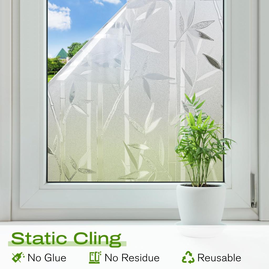 Frosted Bamboo PVC Window Film - Static Cling UV Blocking Privacy Cover for Home Bathroom Glass Doors Removable