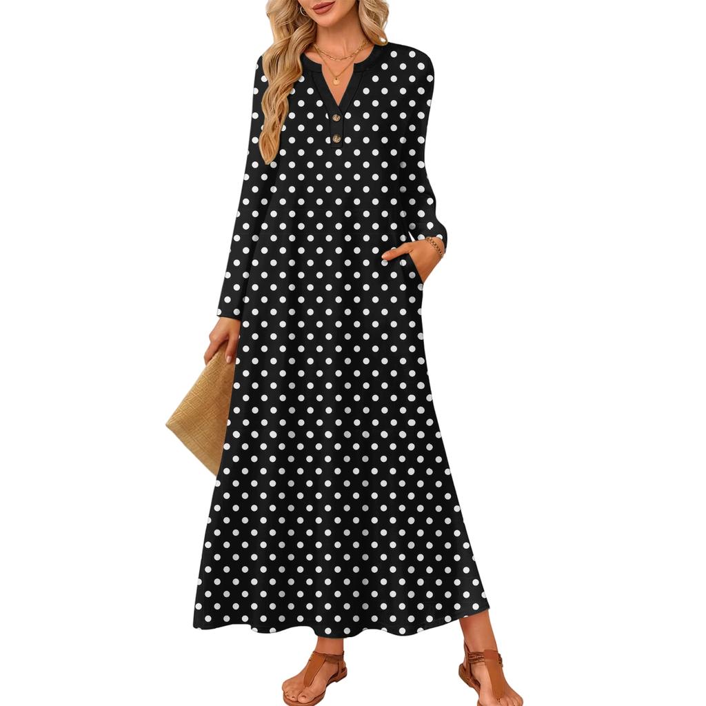 Women Polka Dot Printed Long-sleeved Comfortable Loose Dress, Elegant Dress
