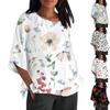 Women Summer Cotton Linen Tshirt Tops Printing Loose Fit Blouse 3/4 Sleeve Vintage Crewneck Plus Size Clothes