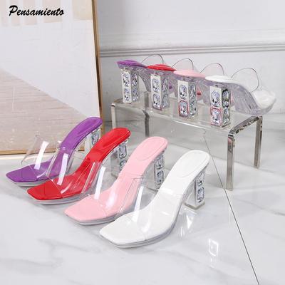 Мода 2025 Летняя мода Прозрачная ПВХ Платформа Женские Шлепанцы Сандалии Элегантный Квадратный носок Кристалл Толстый Высокий каблук Мюли Боковые Туфли