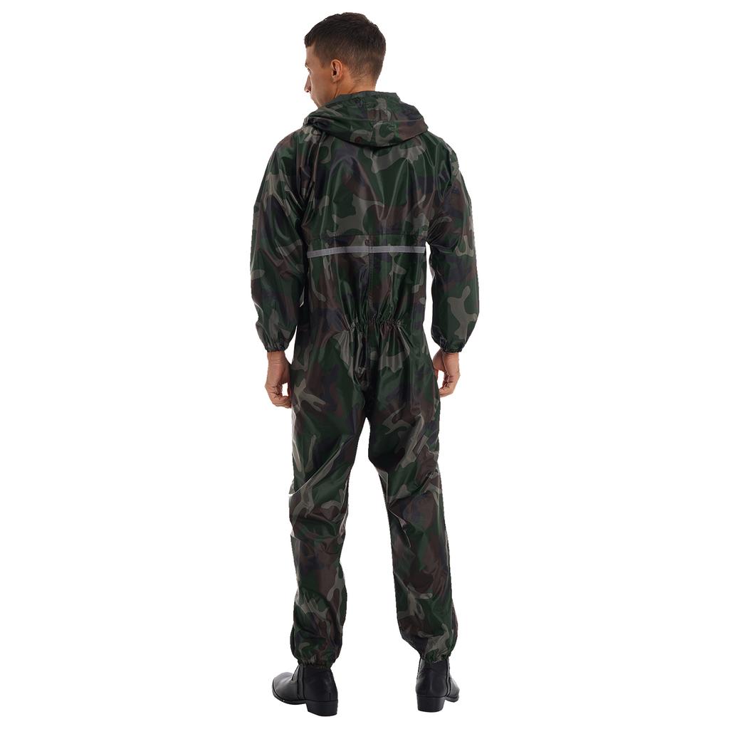 Mens Waterproof Jumpsuit Reflective Strip Rainsuit Long Sleeve Hooded Raincoat Zipper Coverall Workwear
