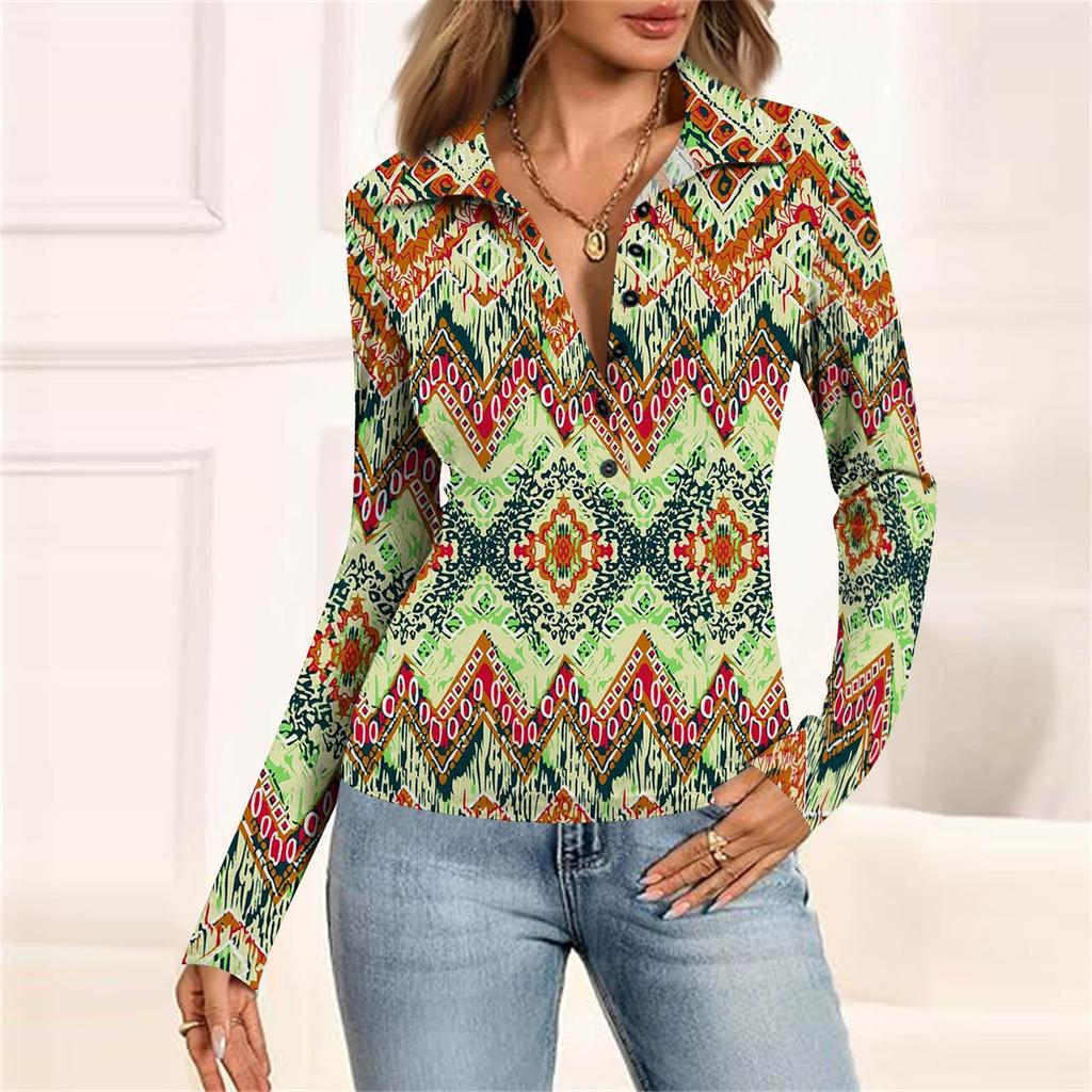 Женская мода Повседневный принт V-образный вырез Длинный рукав Застегивающаяся на пуговицы блузка